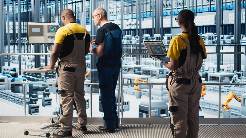 engineers in industry 4.0 industrial plant controlling automated machinery